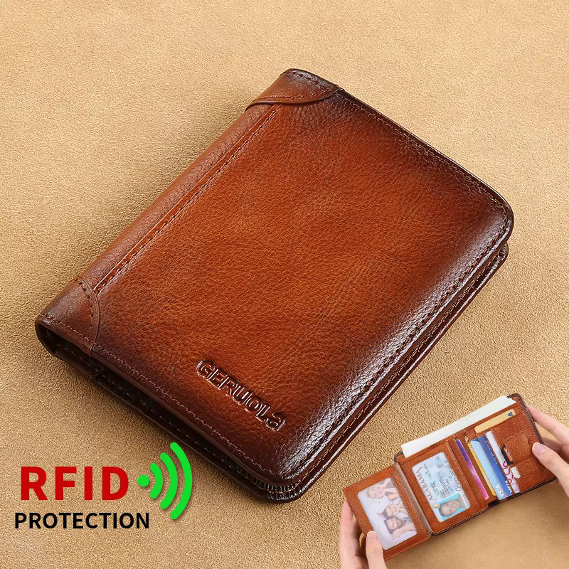 GERUOLA portefeuille mince en cuir véritable blindé RFID pour hommes-porte-carte d'identité et de crédit multifonctionnel marron foncé avec embellissements