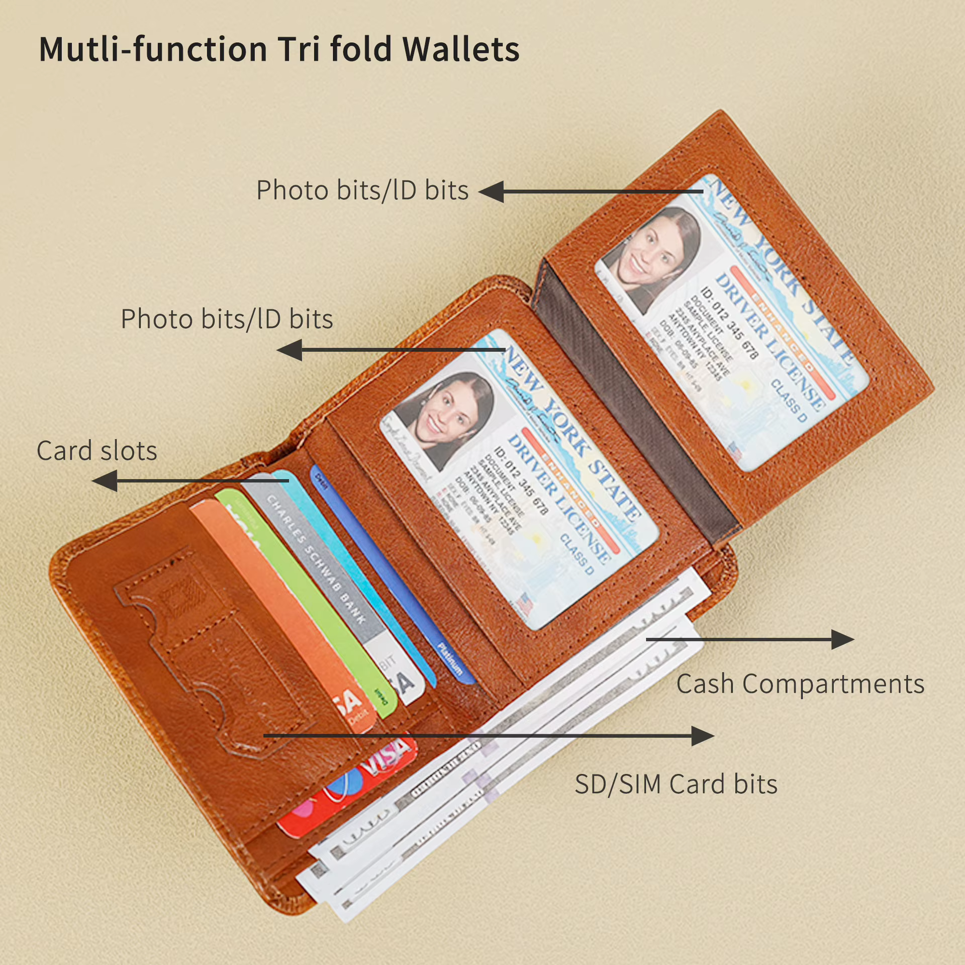 Portefeuilles pour hommes en cuir véritable, blocage RFID, portefeuille court à trois volets pour hommes avec fenêtre d'identification et porte-cartes de crédit
