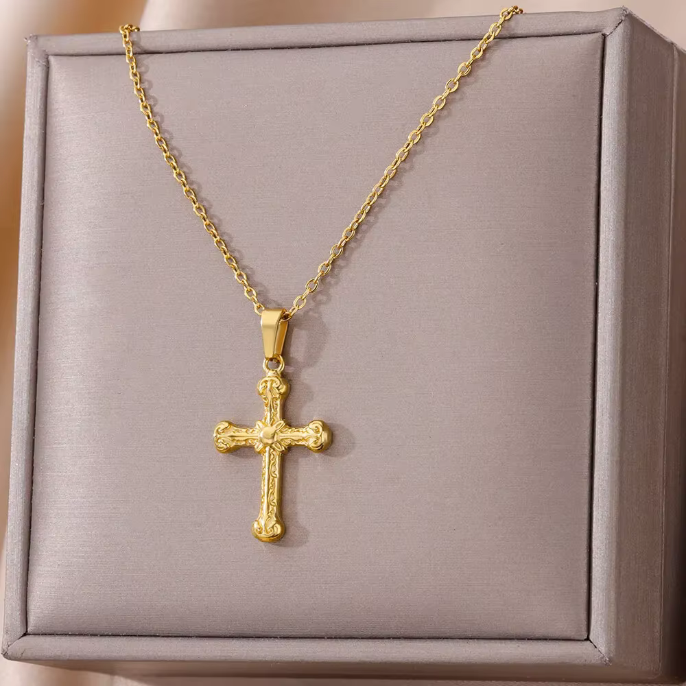 Collier pendentif porte-bonheur couleur or pour femmes, bijoux en acier inoxydable, accessoire esthétique, ras du cou, colliers de déesse croisée