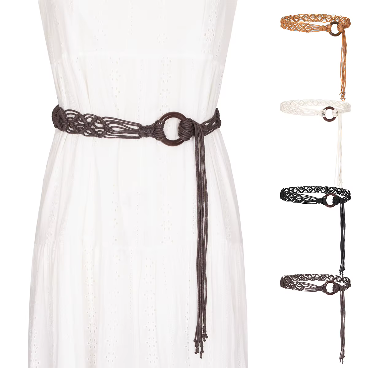 2025 nouveau bohème macramé tressé ceinture noir chameau Beige longue corde tissé noeud Style ethnique à la main vacances femmes ceintures BZ0003