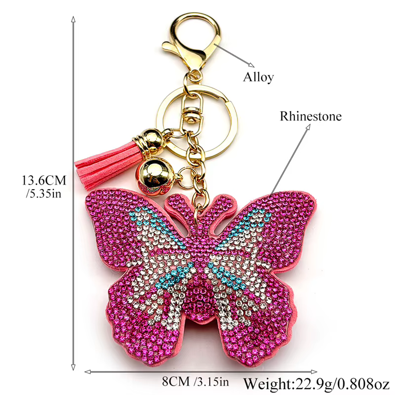 Porte-clés papillon rose pour femmes et hommes, cristal brillant, strass, pompon, sac de voiture, décoration suspendue, bijoux cadeaux