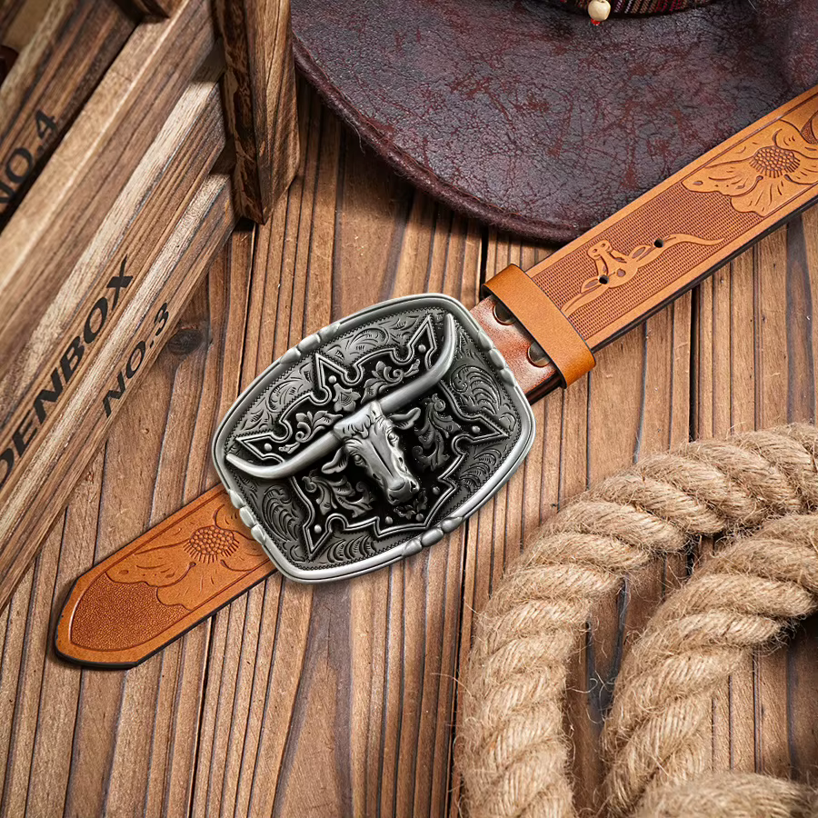 Ceinture pour hommes de Style Couple de Cowboy occidental-motif irrégulier sculpture fleur longue corne tête de vache