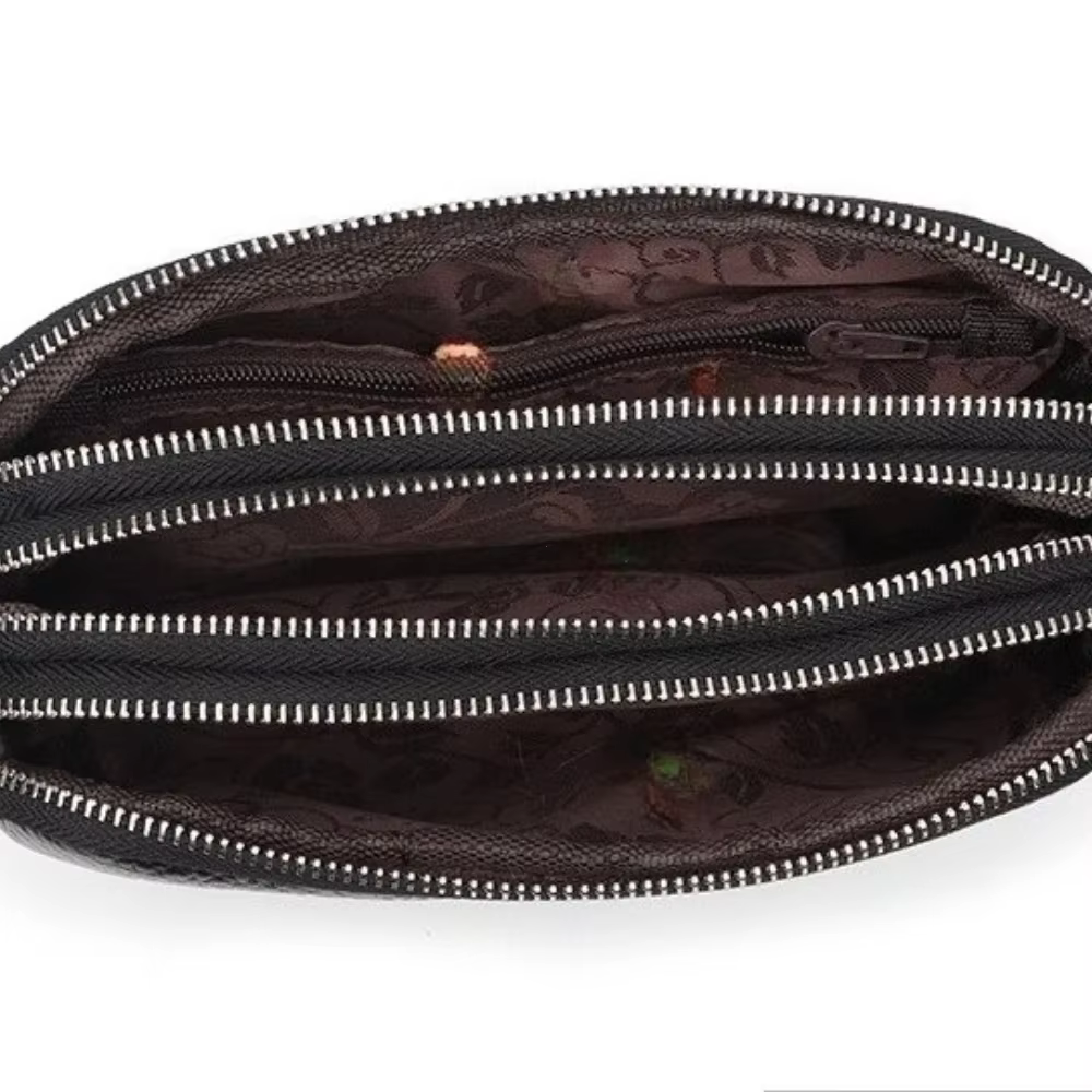 Femmes Long portefeuille en cuir véritable 3 couches fermeture éclair sac à main grande capacité bracelet pochette