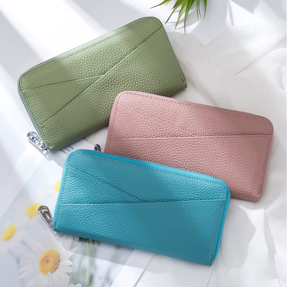 Portefeuille long en cuir véritable pour femme