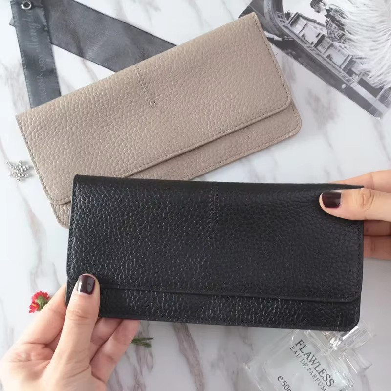 Portefeuille long en cuir véritable pour femme
