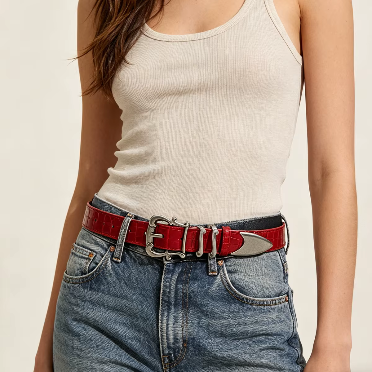 Ceinture rouge de luxe haut de gamme à motif crocodile pour femmes