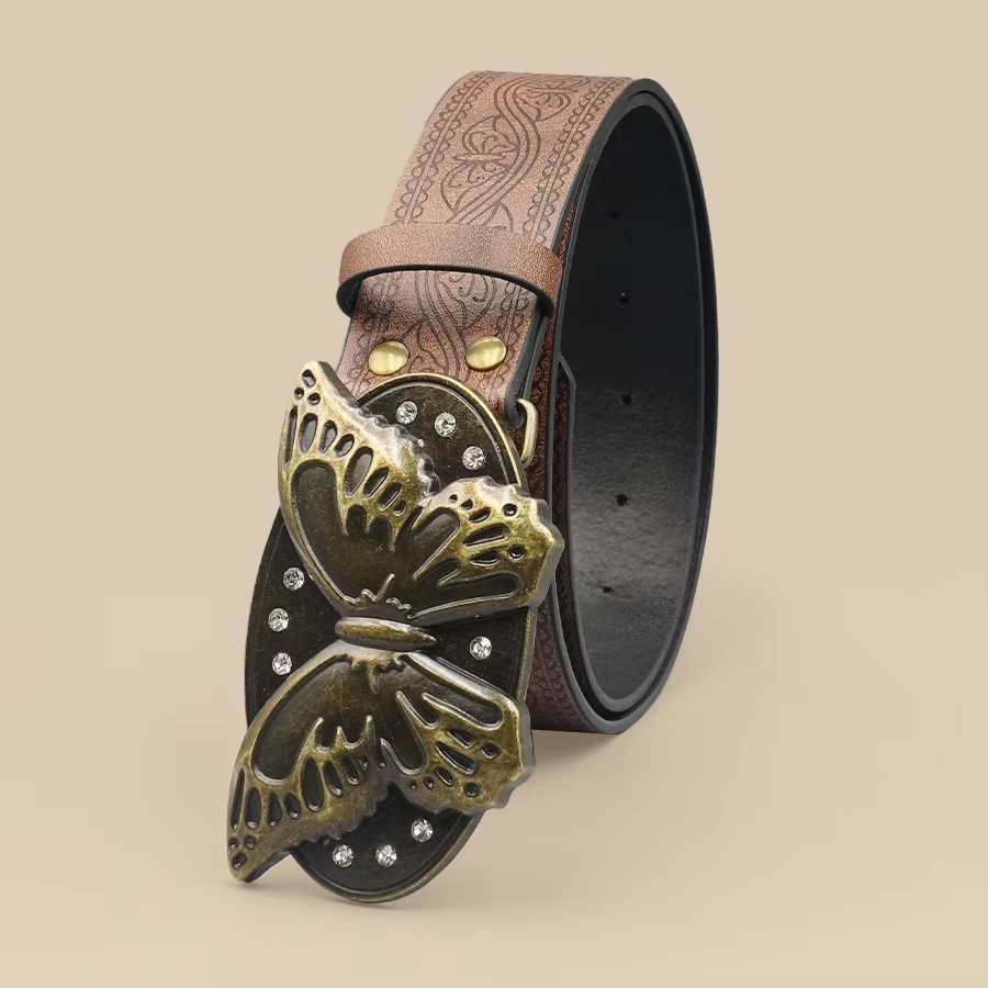 Ceinture papillon rétro Brown Street Punk – Boucle papillon en strass