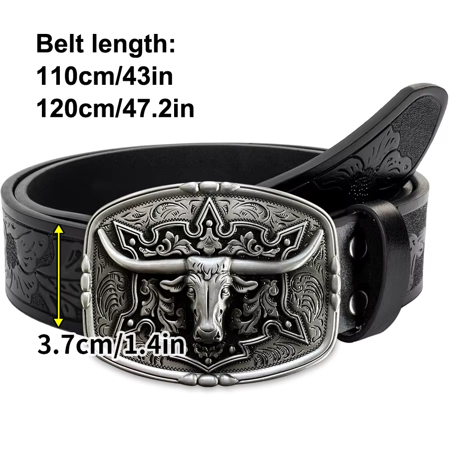 Ceinture pour hommes de Style Couple de Cowboy occidental-motif irrégulier sculpture fleur longue corne tête de vache