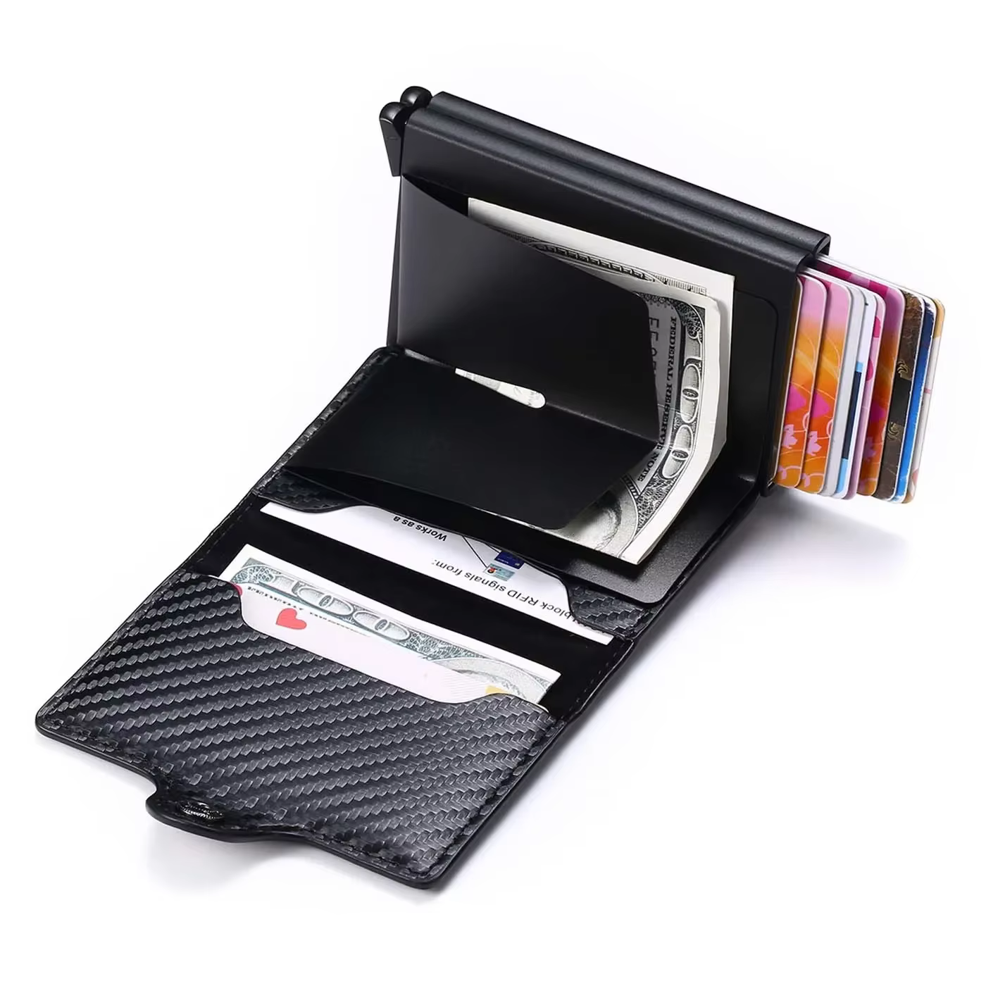 Portefeuille double couche en fibre de carbone pour hommes - Gravure de nom gratuite - Mini porte-carte bloquant RFID (12-14 emplacements) - Petit porte-monnaie