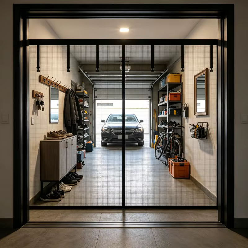 Moustiquaire de porte de garage à rayures noires, auto-adhésive sans perçage, en maille respirante pour patio, garage, atelier, style minimaliste