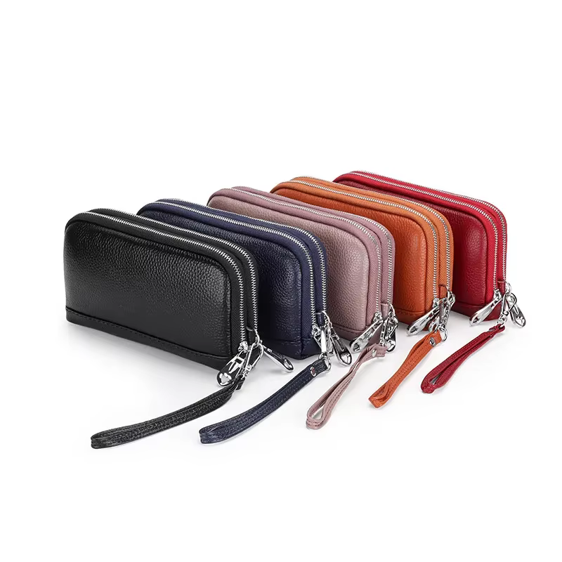 Femmes Long portefeuille en cuir véritable bracelet pochette sac à main 2 couches fermeture éclair portefeuilles