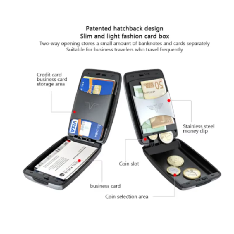 Portefeuille rigide antivol en aluminium et plastique avec protection RFID pour cartes bancaires