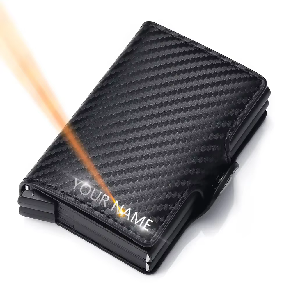 Portefeuille double couche en fibre de carbone pour hommes - Gravure de nom gratuite - Mini porte-carte bloquant RFID (12-14 emplacements) - Petit porte-monnaie