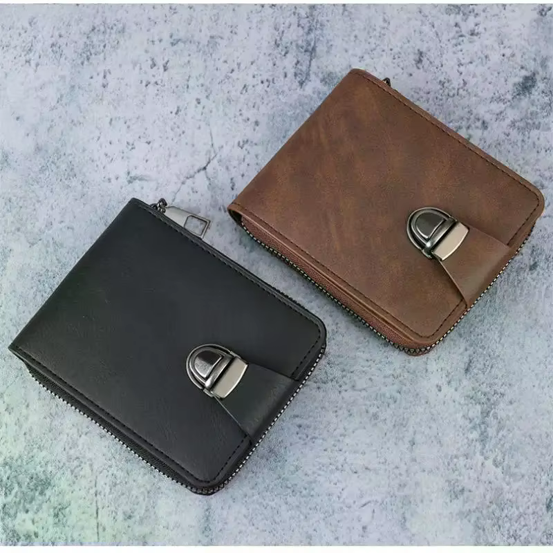 Portefeuille vintage en cuir PU pour homme avec boucle métallique sécurisée et plusieurs emplacements pour cartes