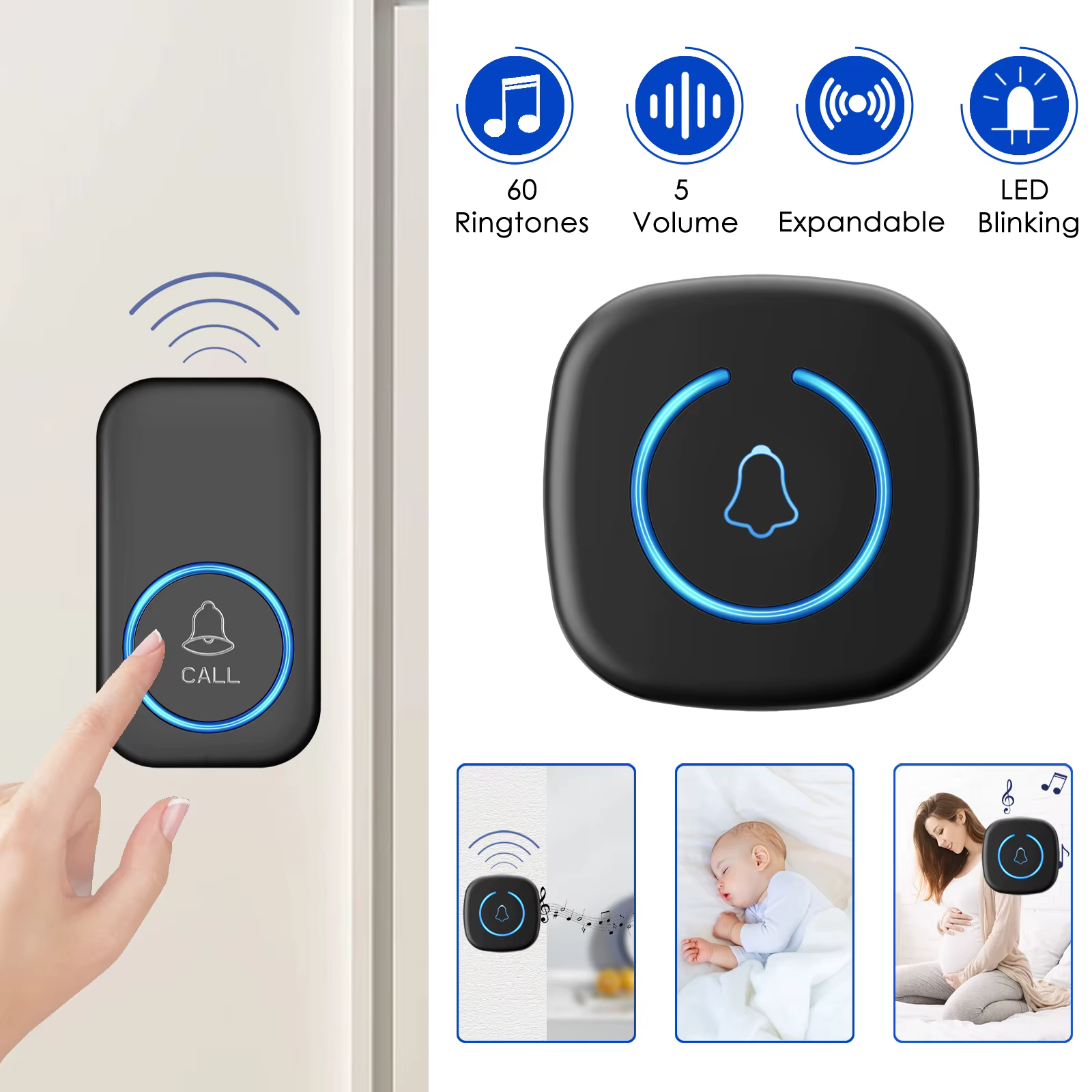 Sonnette de porte intelligente sans fil, 300M/984 pieds, télécommande 60 chansons, mélodies, sonnette intelligente pour la maison, prise US et ue en option