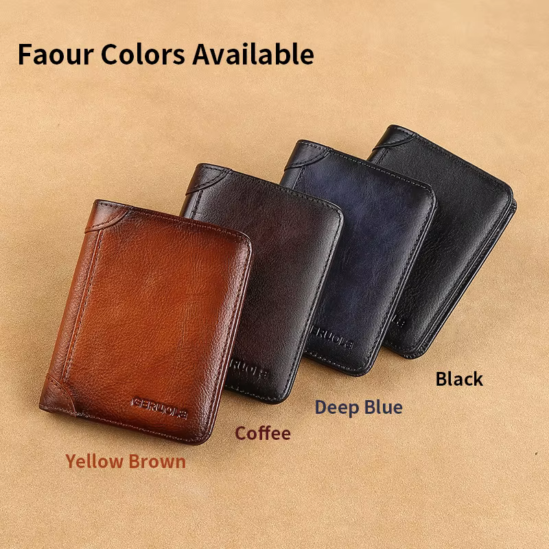 GERUOLA portefeuille mince en cuir véritable blindé RFID pour hommes-porte-carte d'identité et de crédit multifonctionnel marron foncé avec embellissements