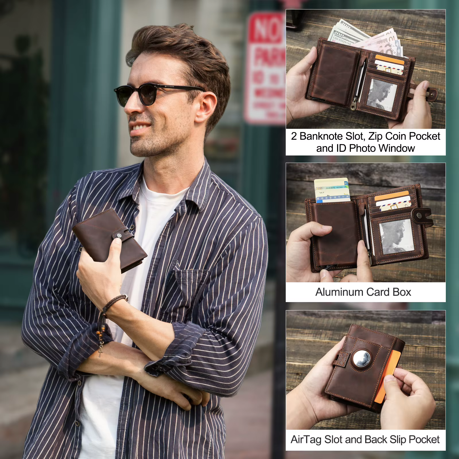 Marque de luxe Airtag portefeuille hommes en cuir RFID aluminium porte-carte fermeture éclair mince sacs à main Anti-perte ID carte de crédit portefeuilles pliants