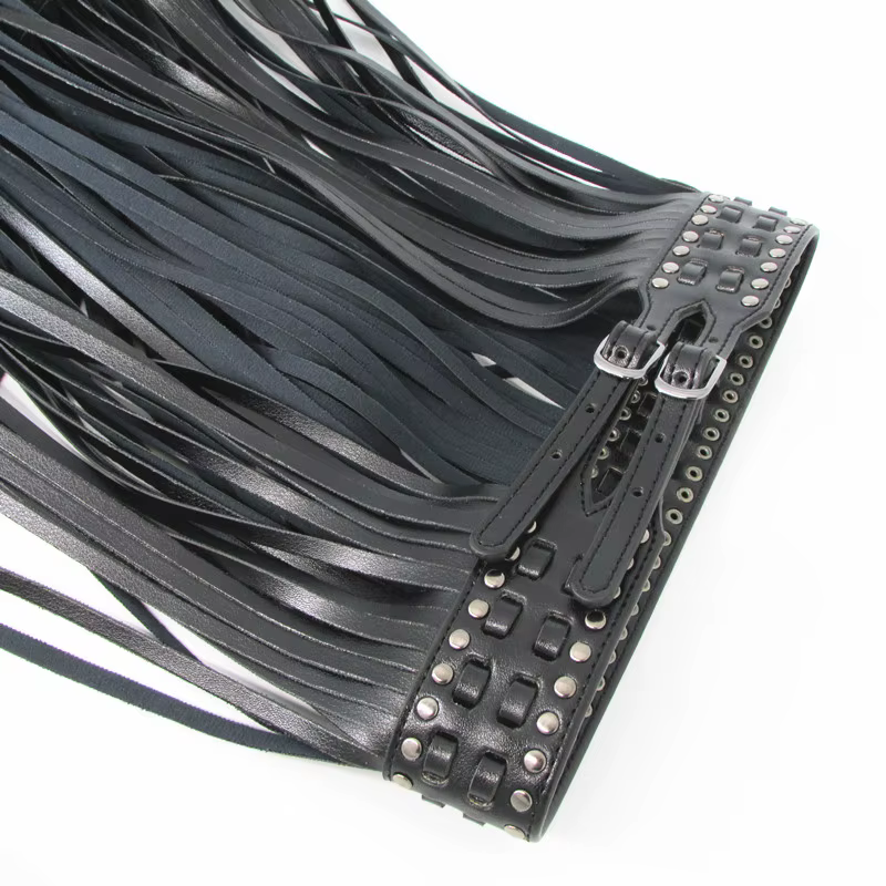 Fantastique longue frange ceinture en cuir noir ceintures de créateur pour les femmes longs glands boucle ardillon
