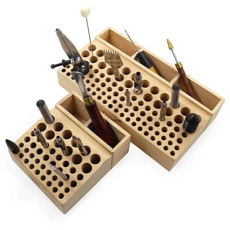 QJH Boîte de rangement pour outils de travail manuel, support en bois à 46/98 trous pour poinçons de maroquinerie, outils de sculpture et rangement de forets