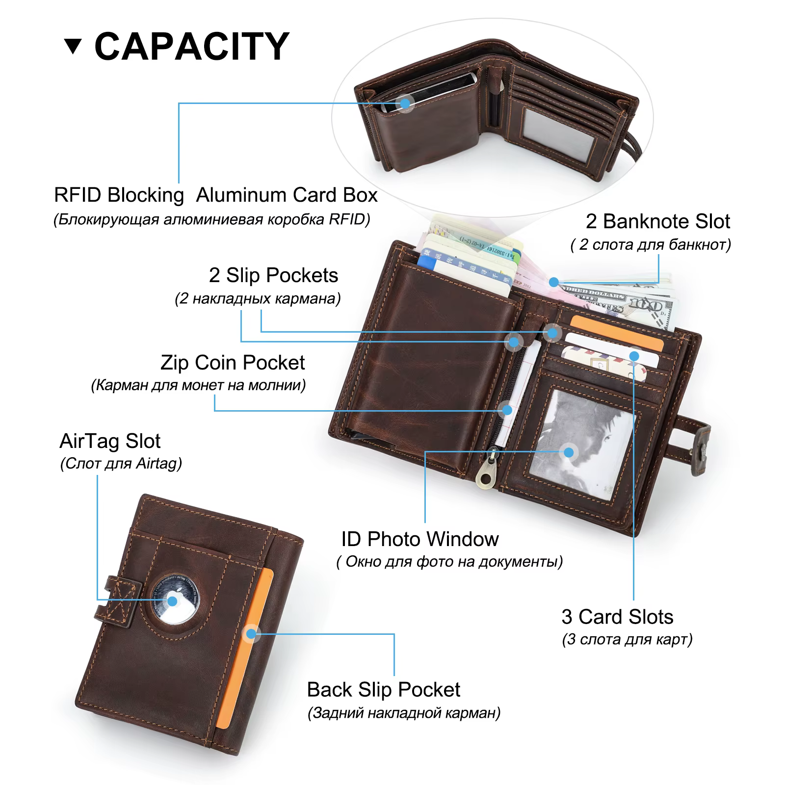 Marque de luxe Airtag portefeuille hommes en cuir RFID aluminium porte-carte fermeture éclair mince sacs à main Anti-perte ID carte de crédit portefeuilles pliants