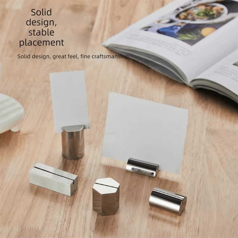 Porte-cartes de table en acier inoxydable durable, support photo de forme géométrique solide, pince stable pour menu, idéal pour hôtel