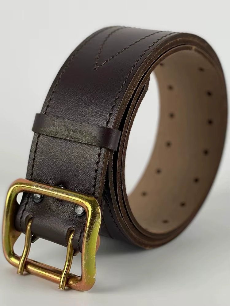 Ceinture en cuir de vachette à double boucle métallique russe, noir et marron