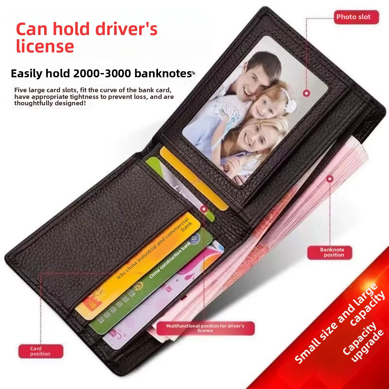 Portefeuille court horizontal pour hommes avec permis de conduire et plusieurs emplacements pour cartes en cuir de qualité à la mode pour les étudiants et les jeunes