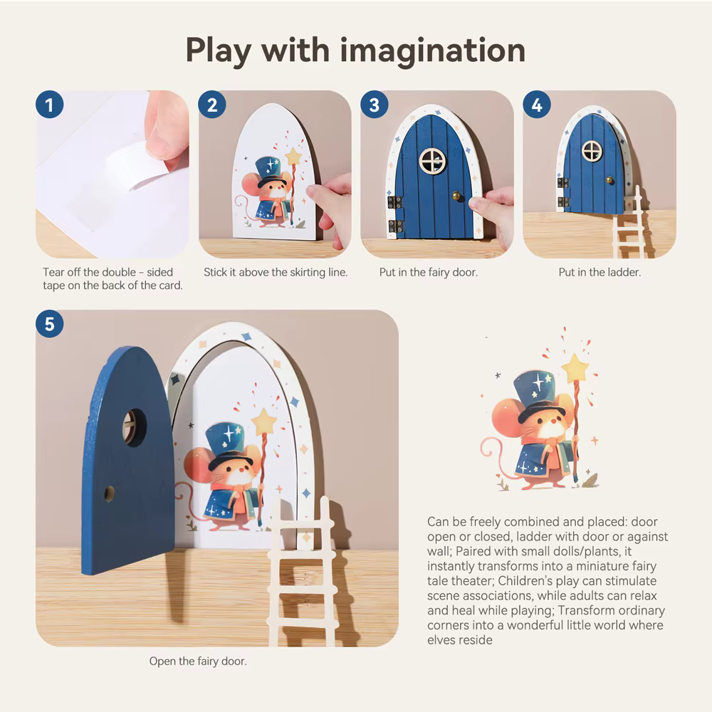 Décoration de porte d'elfe de dessin animé, maison de poupée, Mini décorations pour la maison, porte d'elfe féerique en bois, décoration de style féerique, ornements artisanaux