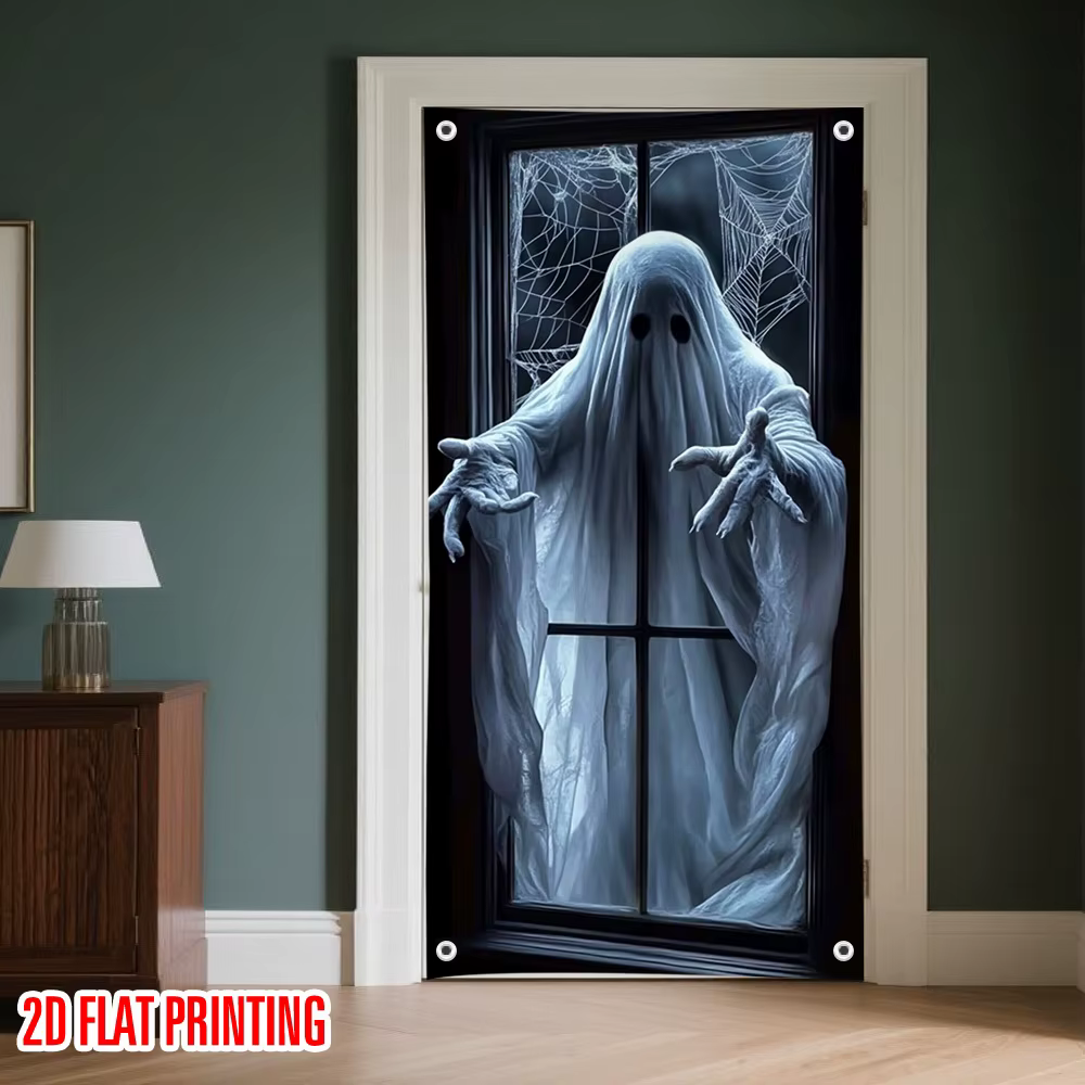 1 bannière de porte d'Halloween 2D - motif fantôme noir et blanc, matériau polyester durable, pour décoration festive