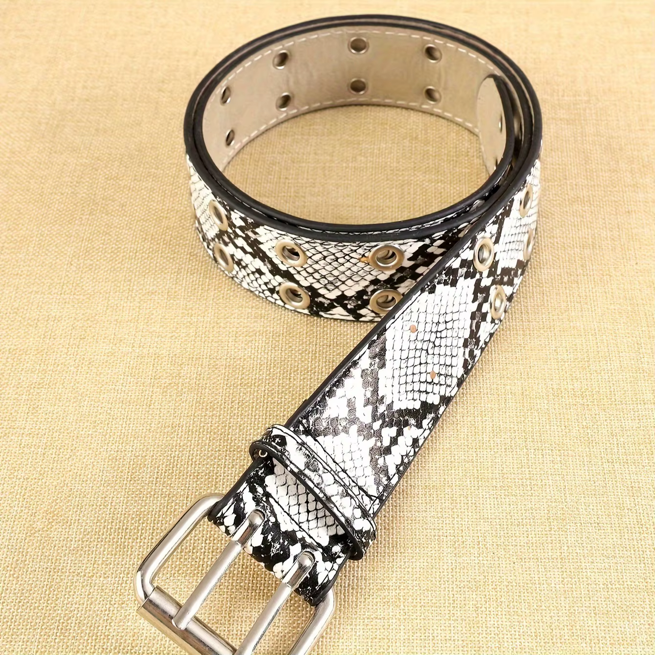 Ceinture en cuir PU à motif python noir et blanc pour femme