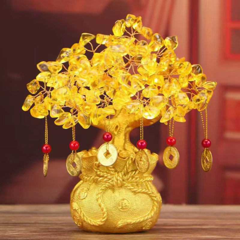 Arbre porte-bonheur en cristal jaune, arbre à argent naturel, ornements style bonsaï, ornements Feng Shui pour la richesse et la chance, artisanat