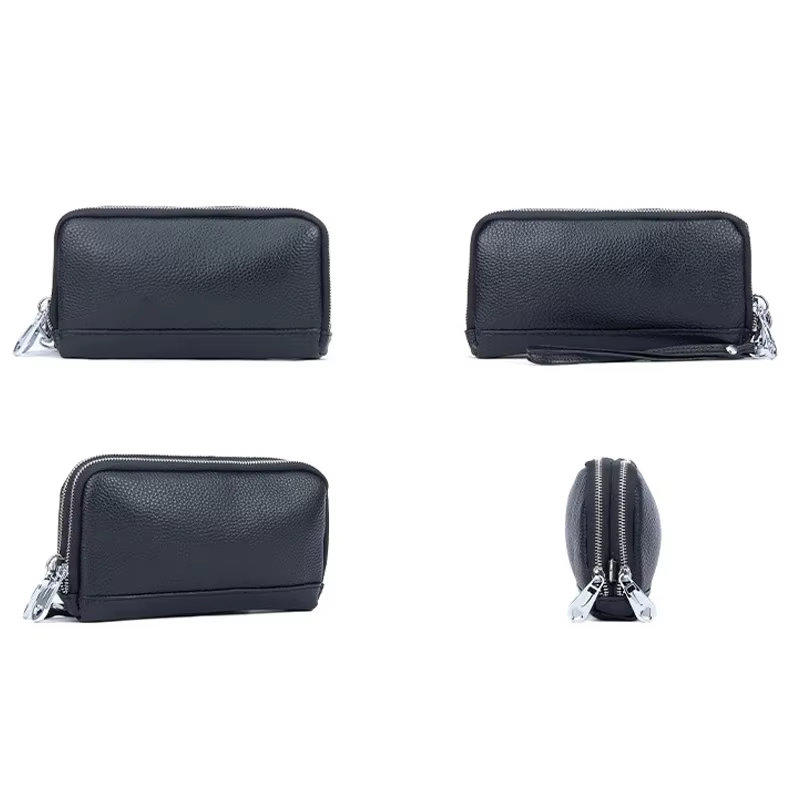 Femmes Long portefeuille en cuir véritable bracelet pochette sac à main 2 couches fermeture éclair portefeuilles