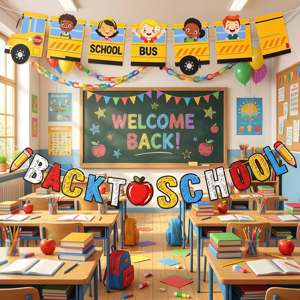 Décoration de classe pour la rentrée scolaire - Panneau « Premier jour d'école » avec bannière bus scolaire, crayon pomme, décoration de remise de diplôme de maternelle
