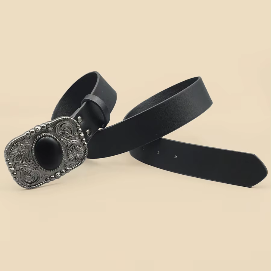 Ceinture rétro noire incrustée de Turquoise pour femmes