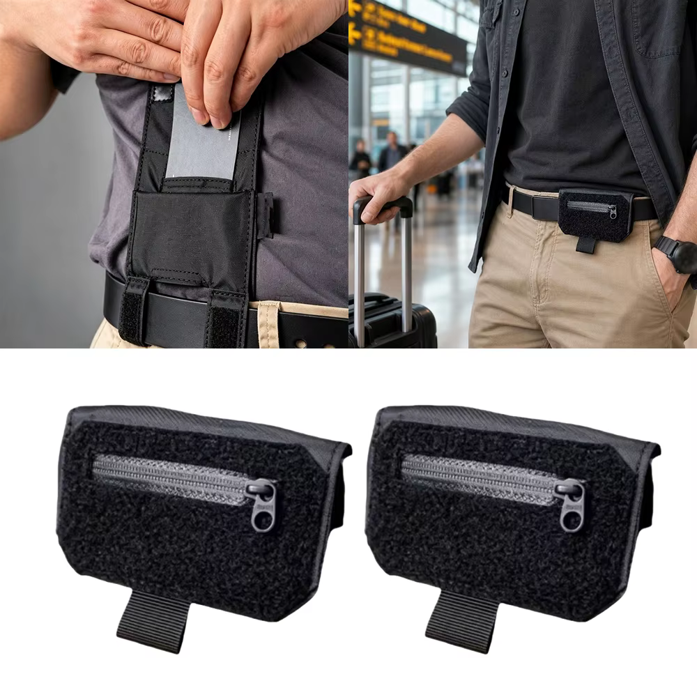 Portefeuille de ceinture noir mince antivol, sac banane compact avec pochette cachée pour documents, cartes et passeport, pour femmes et hommes, mini portefeuille de ceinture