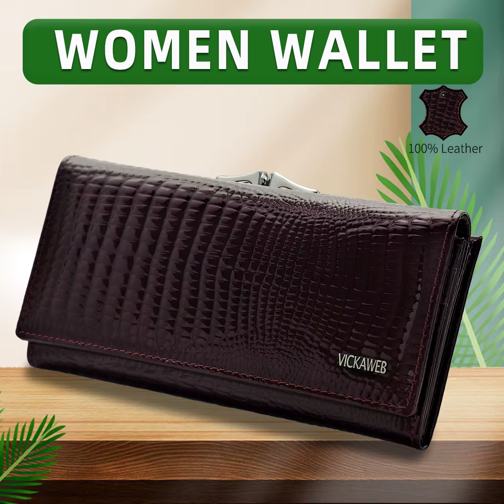 Portefeuille long pour femme en cuir véritable avec fermoir à pression