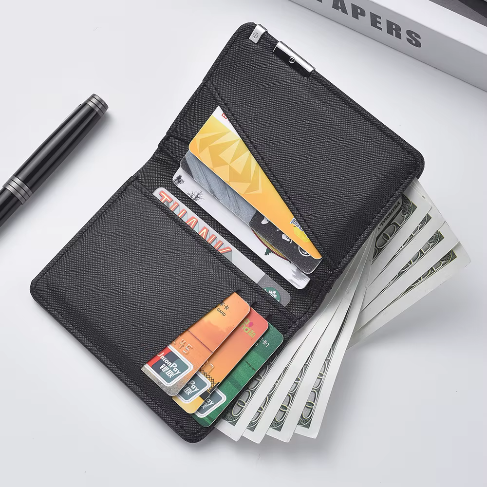 Petit portefeuille mince de style business en simili cuir noir – Plusieurs emplacements pour cartes