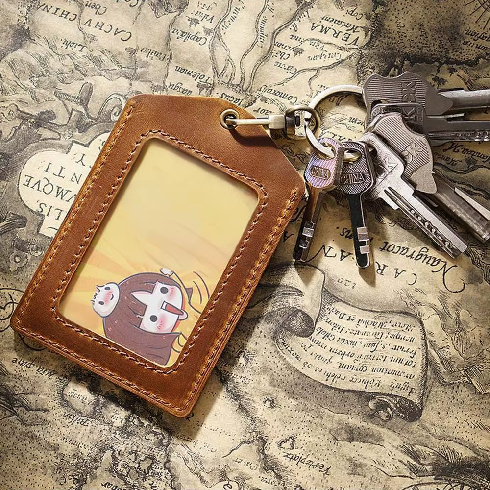 Porte-cartes en cuir véritable pour identification de travail