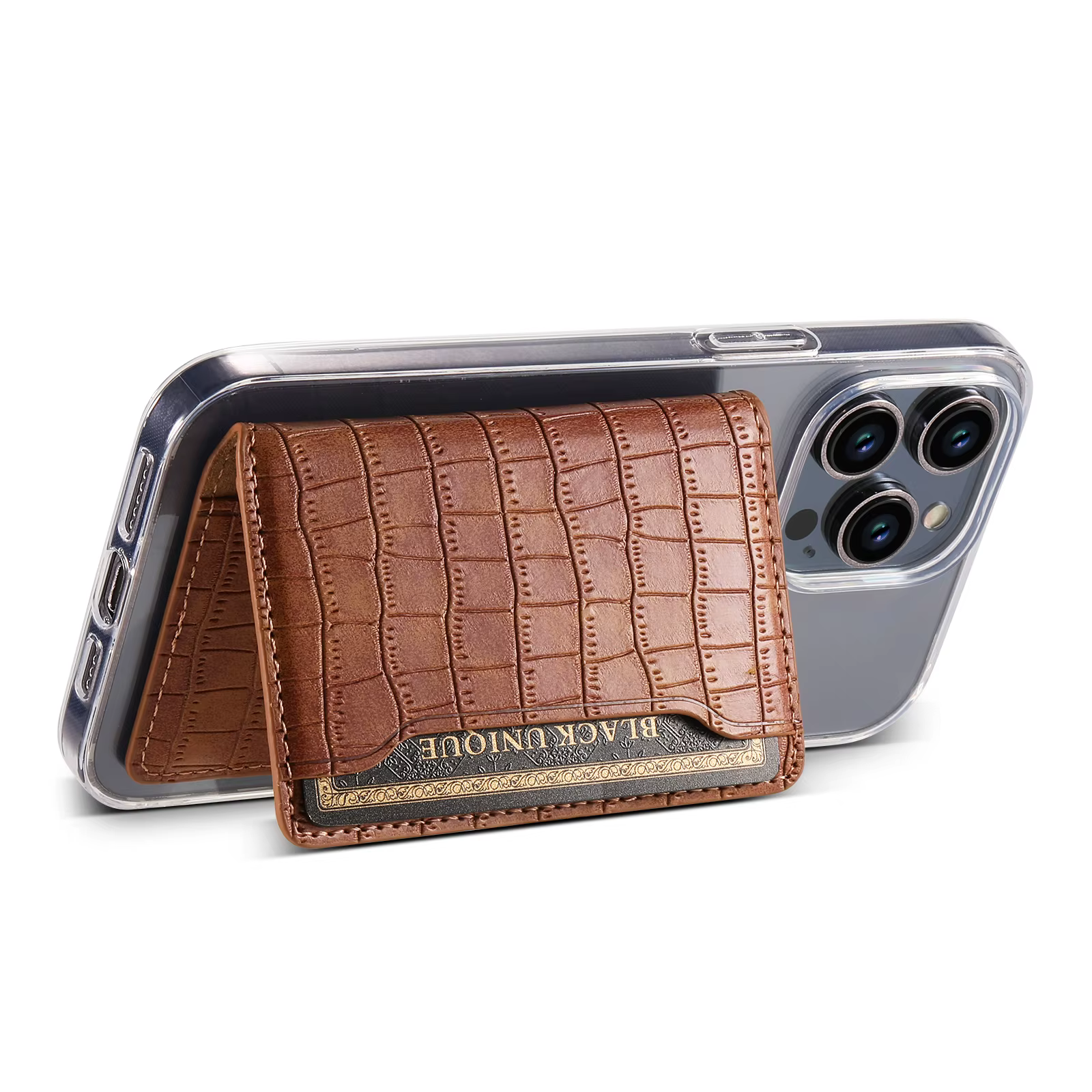 Porte-cartes adhésif en cuir PU gaufré crocodile à double fente pour téléphones iPhone et Samsung