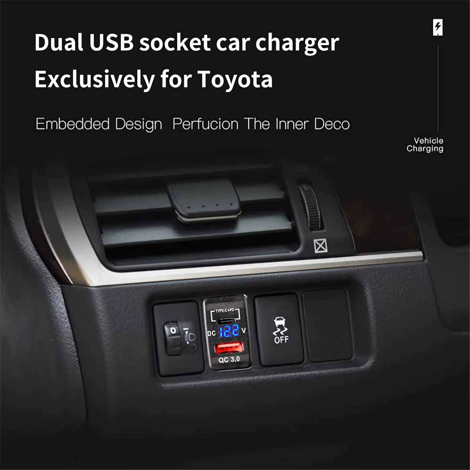 Prise de chargeur de voiture USB, Charge rapide 3.0 et PD, Port USB C, adaptateur de prise de courant pour véhicules Toyota 12V/24V