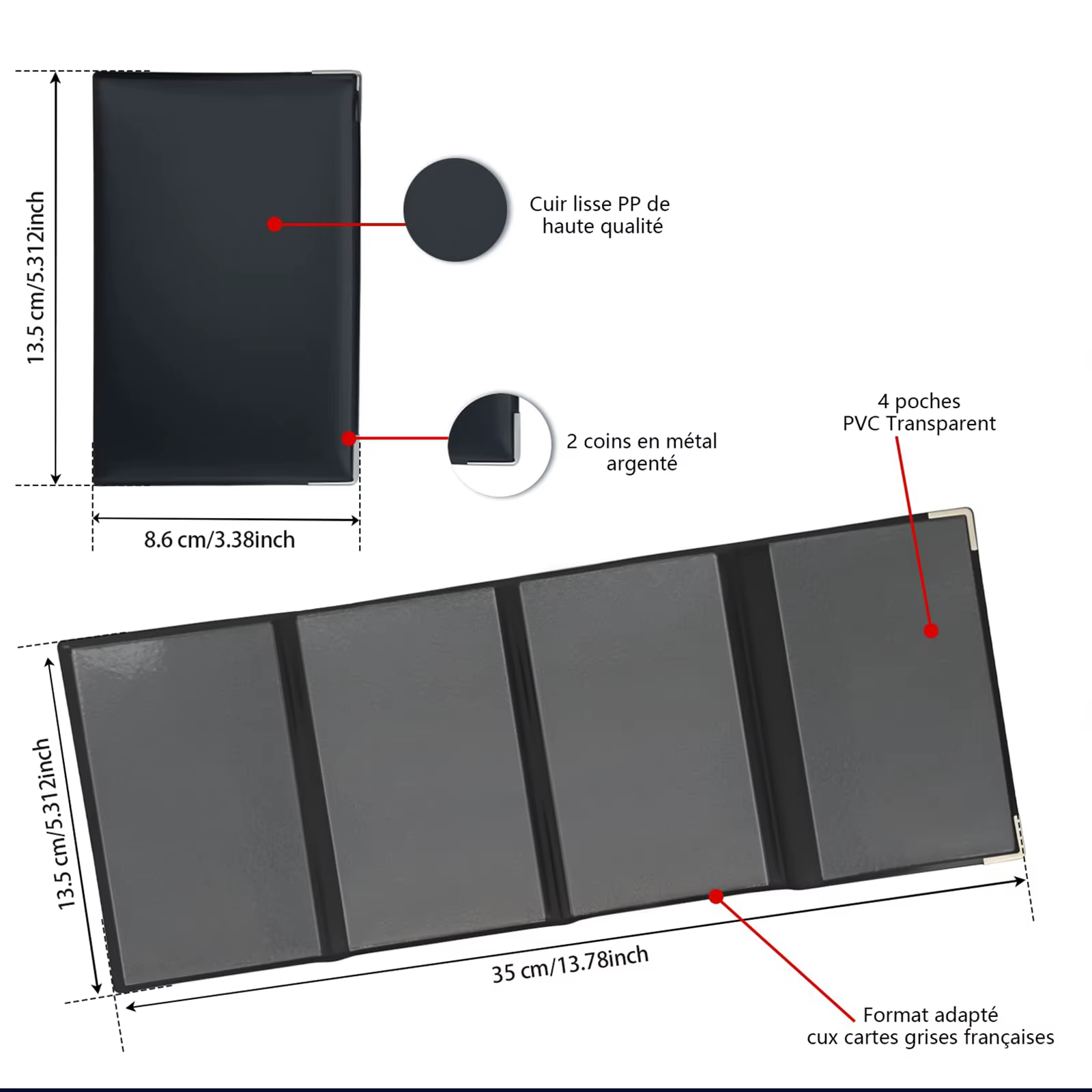 Porte-cartes gris à 4 volets en simili cuir