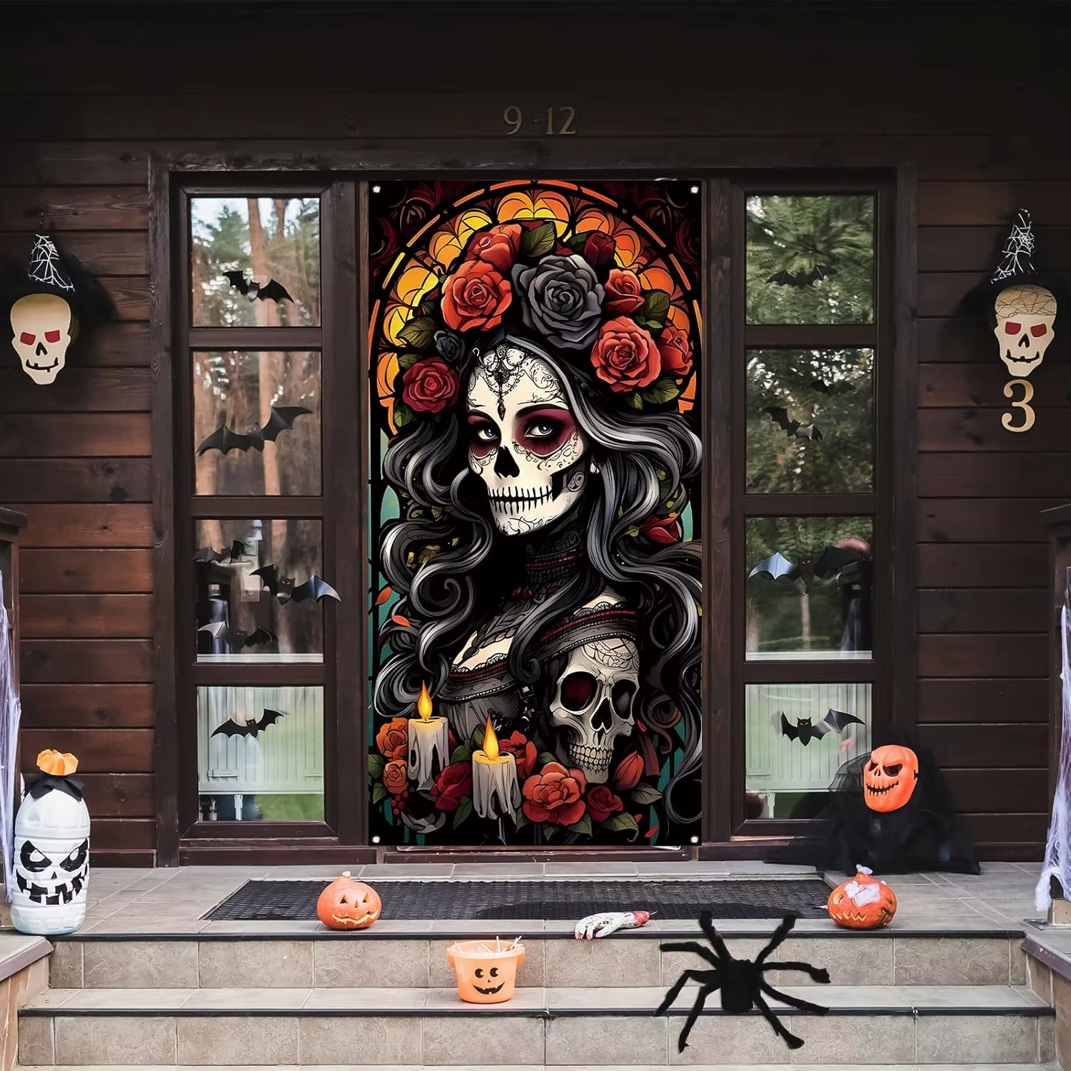 Couverture De porte du jour des morts, bannière Boor Dia De Los Muertos, toile De fond, crâne De sucre, Rose, Altar, décorations De fête mexicaine