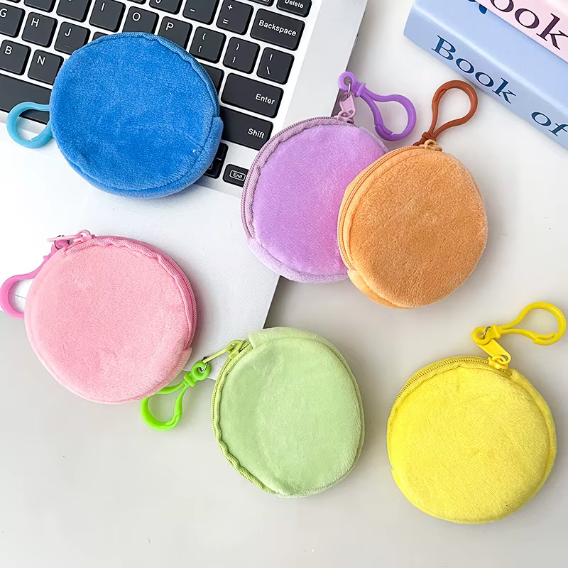 Porte-monnaie rond en peluche solide simple pour hommes et femmes