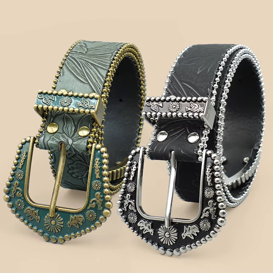 Ceinture bohème pour femme avec accents de perles métalliques – Boucle sculptée vintage et détail de chaîne gravée en feuilles pour une élégance décontractée