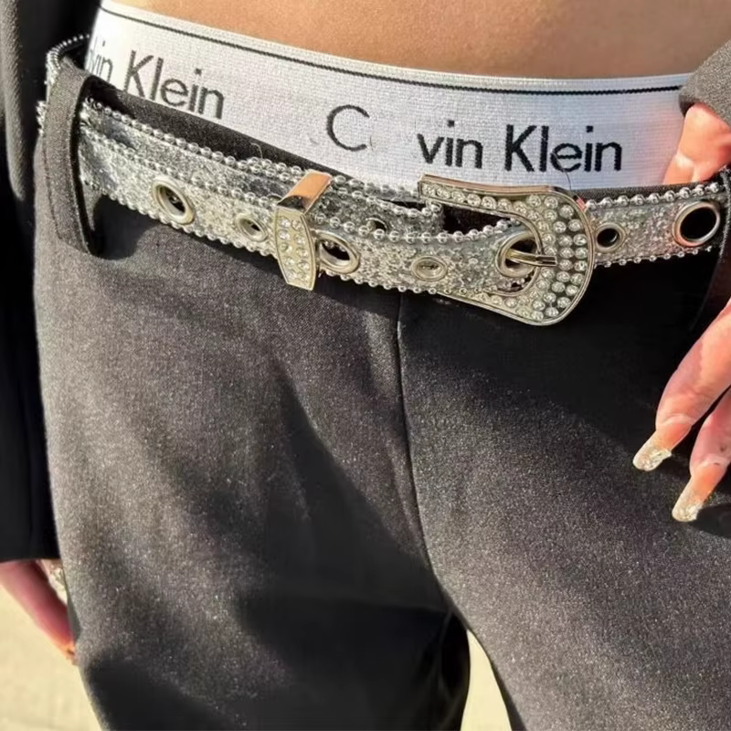 Ceinture gothique noire argentée avec boucle en métal et strass, design de luxe quatre saisons Y2K pour femmes et hommes, grande taille