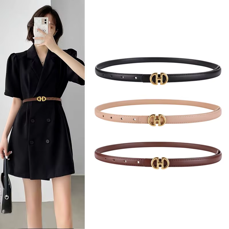 Ceinture fine en cuir véritable pour femmes, mode de luxe, peau de vache de haute qualité, costume décoratif, robe d'été, ceinture fine étroite noire