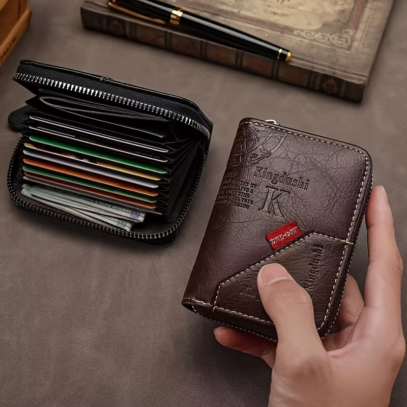 Portefeuille compact en cuir PU d'inspiration vintage – Plusieurs emplacements pour cartes