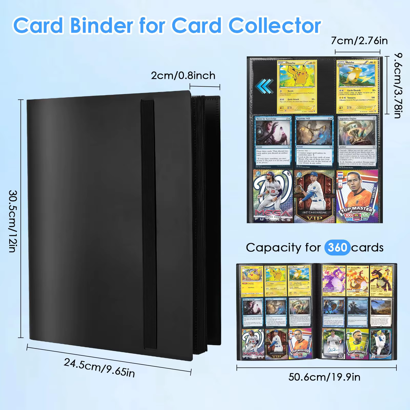 Classeur de cartes à 9 pochettes, capacité 360 cartes, album élégant à chargement latéral pour collection de cartes à échanger, cartes de jeu et cartes de baseball, carnet de cartes à collectionner
