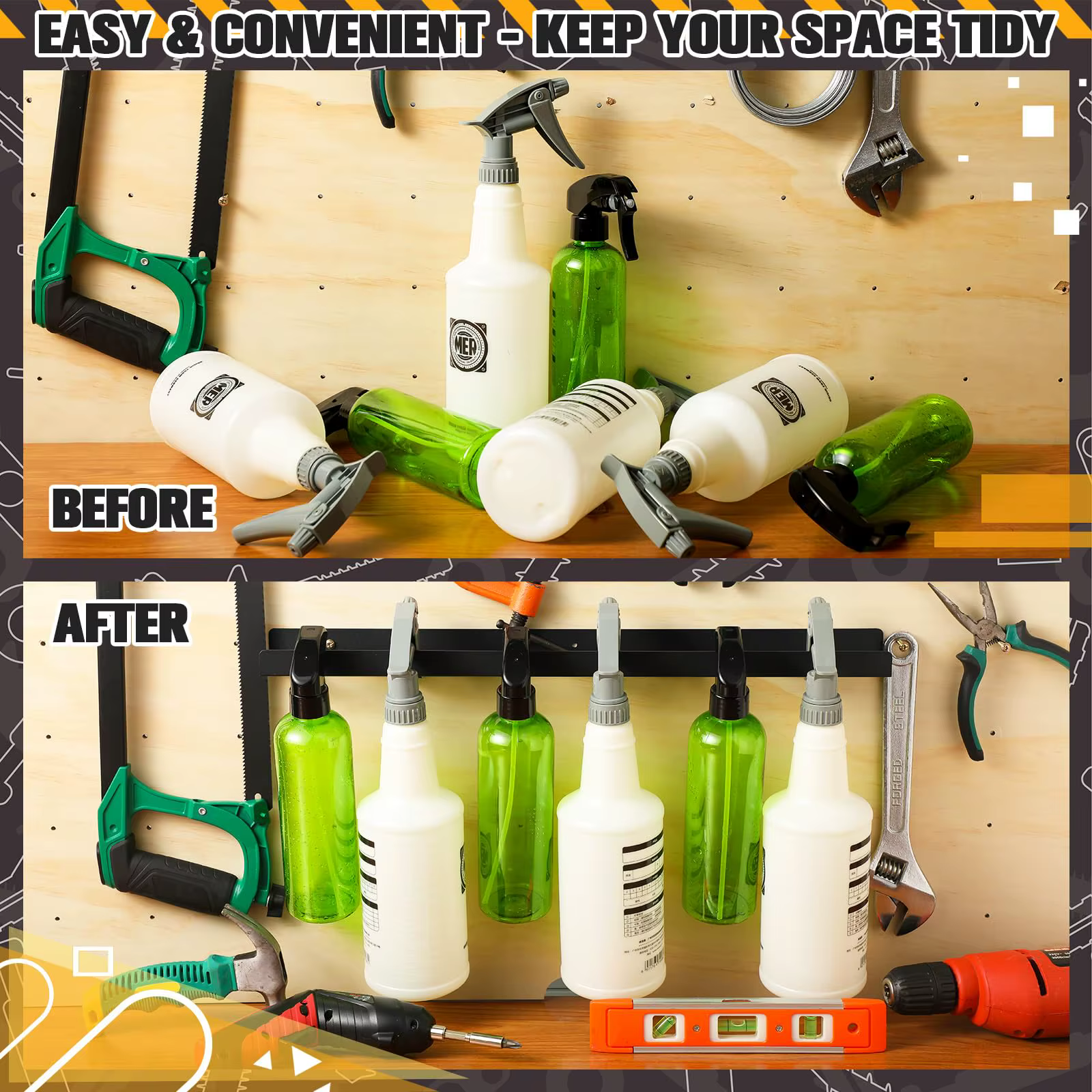Support mural pour bouteilles pulvérisatrices, organisateur de rangement pour bouteilles avec accroche, pour garage mobile et organisation domestique