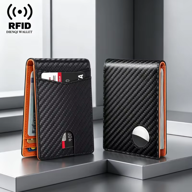 Portefeuille en fibre de carbone pour homme et femme, compatible AirTag, anti-RFID, porte-cartes bancaires et de crédit, pochette à monnaie, portefeuilles intelligents de luxe pour traceur AirTag
